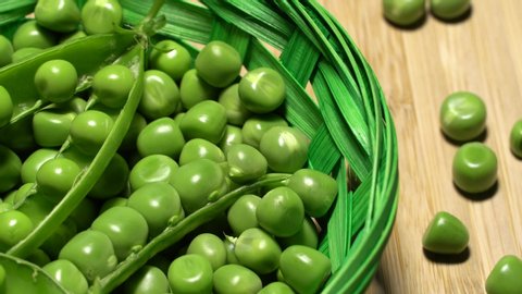 Fresh green peas in basket rotation close up. Loop motion