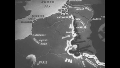 CIRCA 1943 - In this documentary directed by Frank Capra, an officer uses an animated map to explain how the Nazis were able to come up on Dunkirk.