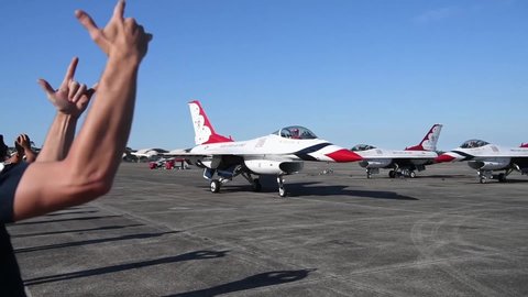 CIRCA 2020 - US Air Force Thunderbirds prepare to take off during America Strong, a salute to essential COVID-19 workers.