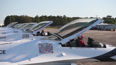 CIRCA 2020 - US Air Force Thunderbirds prepare to take off during America Strong, a salute to essential COVID-19 workers.