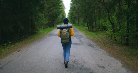 Back view of a woman with a backpack in a yellow sweater and hat walking along a road in the woods in slow motion. Stockvideo