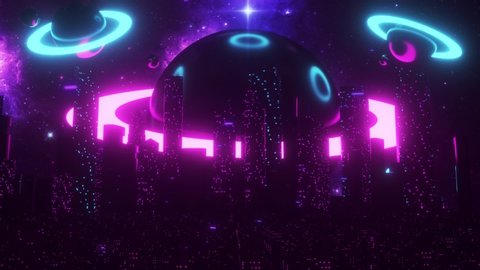 3D Sci-Fi City of the Ring Planets VJ Loop Background