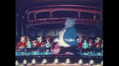 CIRCA 1950 - In this animated film, a rabbit jumps out of a hat in its own magician act on a showboat, and sets up a movie projector.