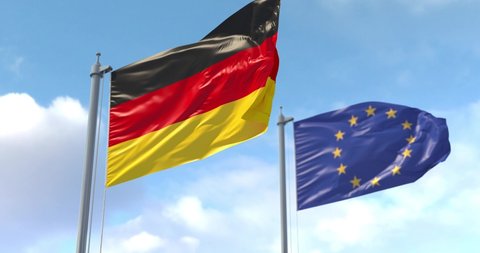 Germany and EU flag on a flagpole realistic wave on wind. The European Union and The Deutschland. Luma Track Mattes for background cutting.