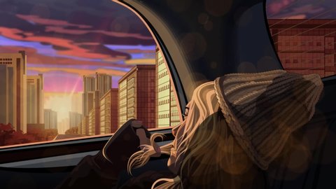 Animation- A young woman in the back seat goes through the town looks at the sunset sky. Evening slow ride around the city by car. Warm sunlight and sun glare on car windows. Seamless loop VJ