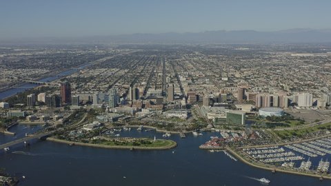 Long Beach CA Aerial  Descending on marina with downtown cityscape views - October 2019