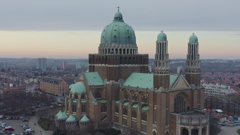Brussels Belgium Aerial  Flying around Koekelberg Basilica of the Sacred Heart building - December 2019