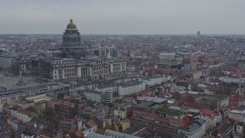 Brussels Belgium Aerial  Flying over Marollen district with Palais de Justice and city views - December 2019