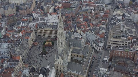 Brussels Belgium Aerial  Birdseye view flying around Grand Place square - December 2019