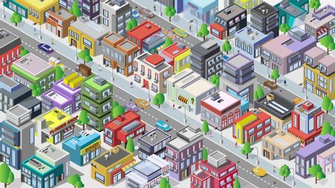 Animation of the city. City isometric style with cars roads looped animation. Video. Seamless looping. Megalopolis.