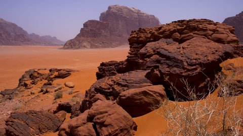 Wadi Rum - a valley cut into the sandstone and granite rock in southern Jordan, 60 km to the east of Aqaba. Sandstone desert landscape with beautiful sandstone forms.