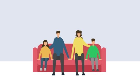 Young family animation sitting together on the couch while watching TV and doing quarantine at home. Shot in 4k resolution