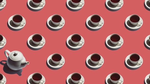 Pattern with lonely teapot and many cups of tea animated on red background. Tea mugs move in different directions. 4K Stock Video