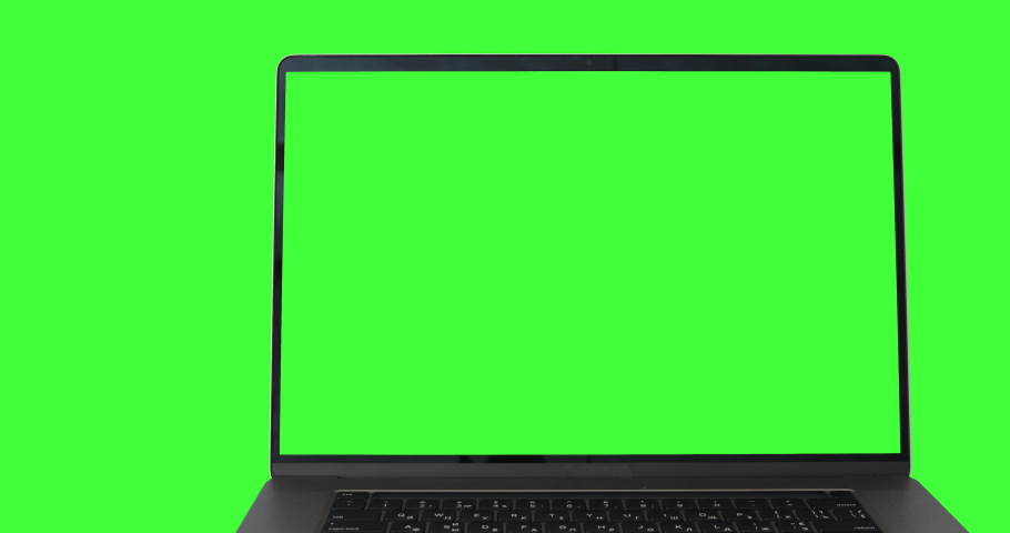 Dolly shot of the notebook 16-inch model Laptop mockup with green screen, front view, isolated on keyed chromakey. Empty space for your advertising. Perfect for your content