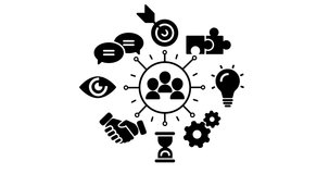 Teamwork icons. Business solution. Animation of working process. 2d, animation, cartoon, illustration, clip art, vector. Web page sign in black and white. Alpha channel.