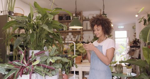 Small business Store Owner using smart phone photographing plants for promotion