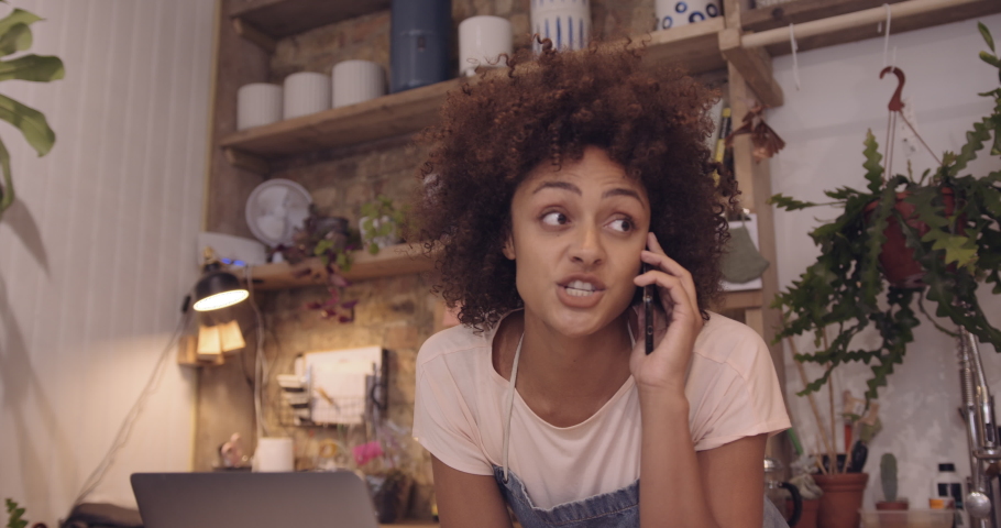 Afro American Female small business owner working on laptop in store and speaking to supplier on phone | Shutterstock HD Video #1056919007