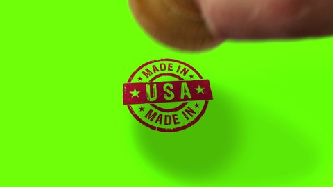 Made in USA stamp and hand stamping impact isolated animation. Factory, manufacturing and production country 3D rendered concept. Alpha matte channel.