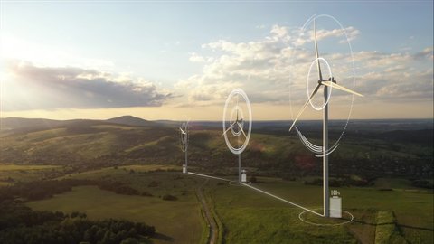 Alternative Energy. Wind farm. Aerial view of horizontal-axis wind turbines generating electricity Wind energy. Clean renewable energy technologies. Wind power plants. Animated visualization concept