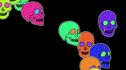 Extruded falling skulls in comic style, fluorescent textures and patterns. Halloween 3D backdrop with a doodle cartoon illustration look in stop motion isolated with alpha channel.
