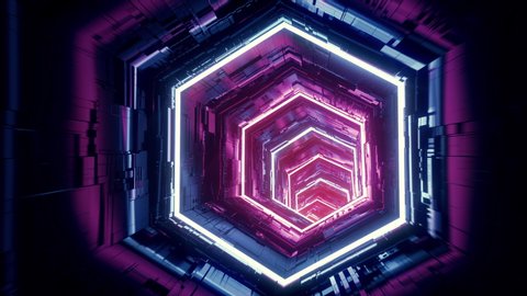 Flight in abstract sci-fi tunnel seamless loop. Futuristic VJ motion graphics for music video, EDM club concert, high tech background. Time warp portal, lightspeed hyperspace concept. 4k 3D animation