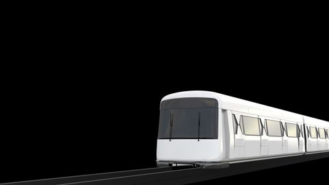 Train with rails isolated on solid background. Perspective view of Metro Train or Electric Train with rail running pass through the camera. 3D render with luma matte. Transportation Concept.