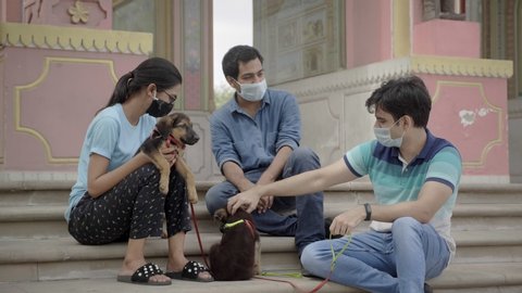 Three friends wearing protective face mask with two cute pet dogs spending time or socialising together outdoors. A group of young male and female hanging out amid Corona virus COVID 19 epidemic