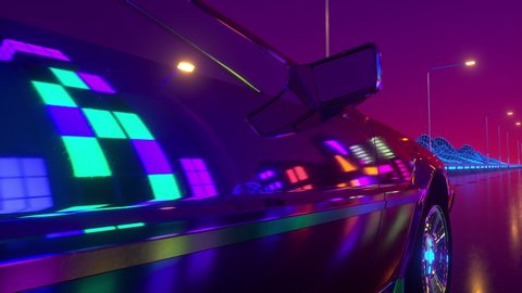 Futuristic car with neon lights abstract background. Retrowave loop 3d animation.