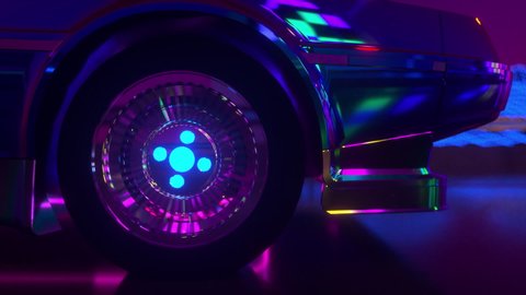 80s retrowave background 3d animation. Futuristic car wheel close up. Neon car loop video