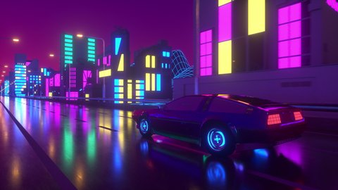 80s retro background 3d animation. Futuristic car drive through neon city. Retrowave vj loop Arkivvideo