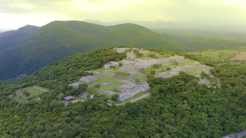 Panoramic aerial view of the impressive archaeological zone of Xochicalco on a beautiful sunny day