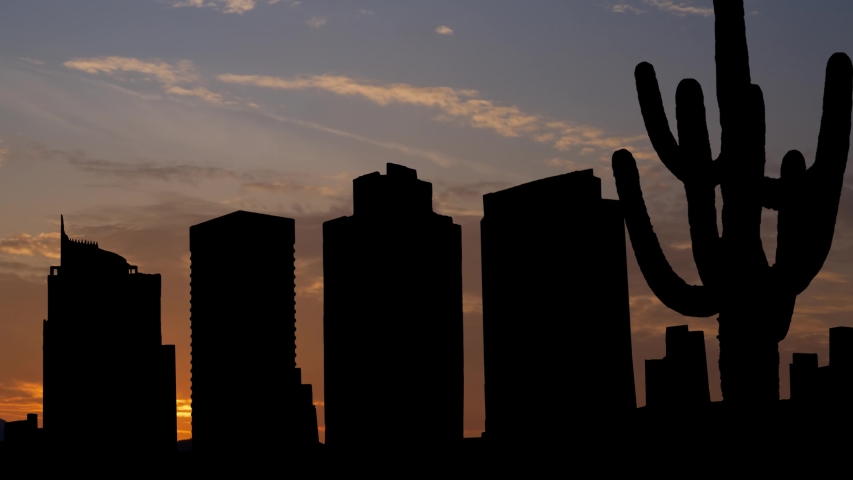 Phoenix Skyline: Time Lapse at Sunrise with Dowtown Skyscrapers, Saguaro Cactus and Colorful Sky, Arizona animation