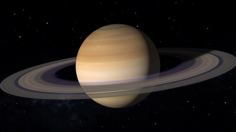 3D Animation: Closeup backward rotation around Saturn planet casting shadow on rings