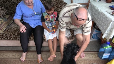 Kherson, Ukraine - 15th of July 2020: 4K Filming grandparents and grandson posing for family picture on veranda with a dog
