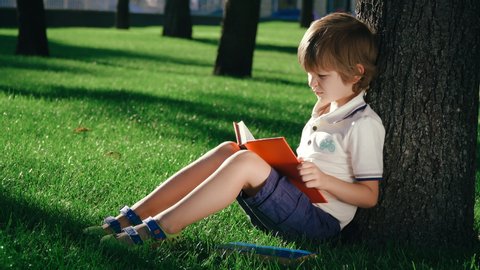 A boy is sitting under a big tree on the green grass and reading a book.