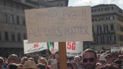 Stop 5g, protest against 5g technology in Italy. No vax, anti vaccination protest. Covid Free. Florence. Italy, 20 June 2020