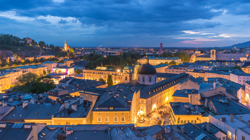 Salzburg Austria time lapse 4K, city skyline night timelapse of Salzburg city center