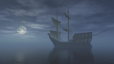 3D render of a medieval ship on the ocean at night, seamlessly looped 4K footage.