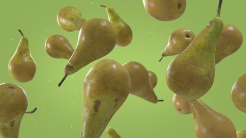 Pears Falling Down with Water Drops in Super Slow Motion on Solid Green Background. Endless Seamless Loop 3D Animation