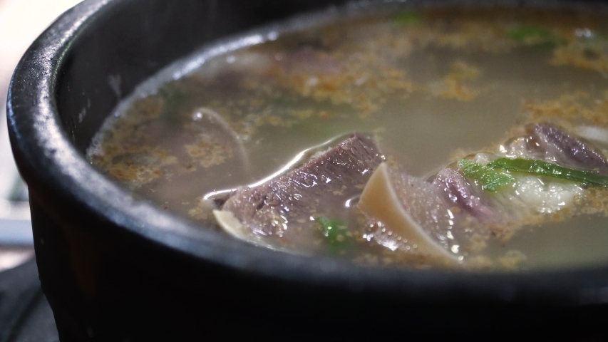 Someori(cow's head) gukbab is korea traditional meal beef soup with steam rice Royalty-Free Stock Footage #1056970742