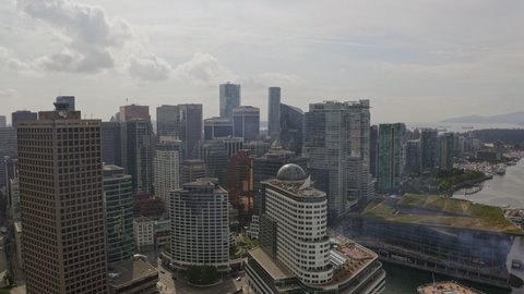 Vancouver BC Canada Aerial Panoramic downtown & beyond cityscape view from near Canada Place - August 2019