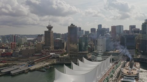 Vancouver BC Canada Aerial  Short panning cityscape view of downtown and Canada Place - August 2019
