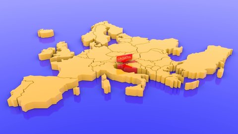A 3D animated rendered map of Europe, focused on Croatia with a map sticker. 3D rendered illustration.