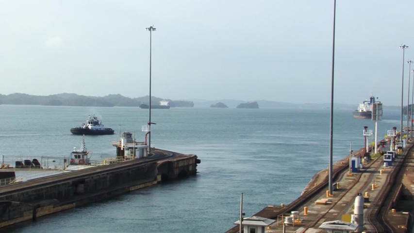 Gatun lake and the second waterway at Gatun locks,Panama canal.