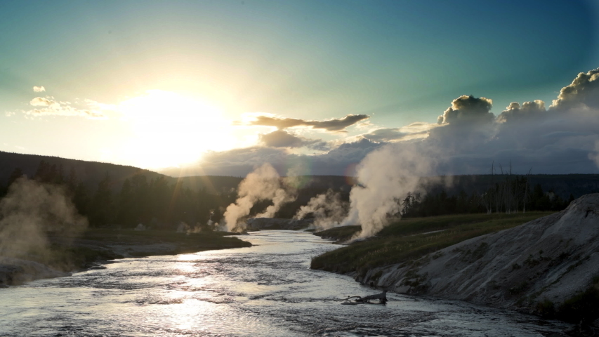 Firehole River is a geothermal feature in Yellowstone National Park Upper Geyser Basin.