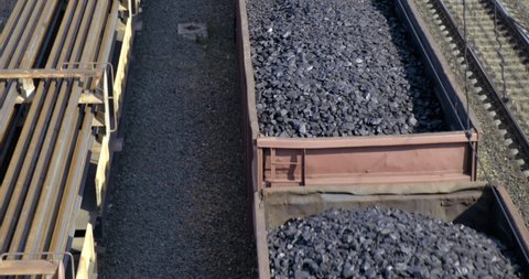 Panorama of Freight Wagons on Railroad. Train Movement. Coal Transportation. Economy Demands Fuel. Modern Fossil Fuels Transported in Railroad Cars. Traffic on Rails. Heavy Train Leaves Fourth Track