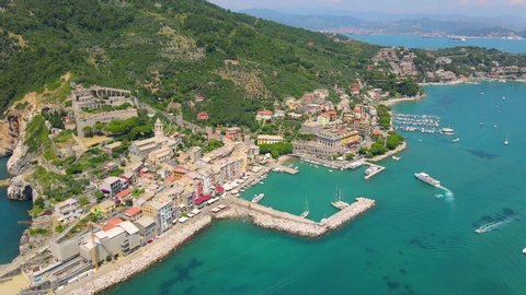 Aerial 4K footage of the coast of Portovenere, Cinque Terre in Italy.
