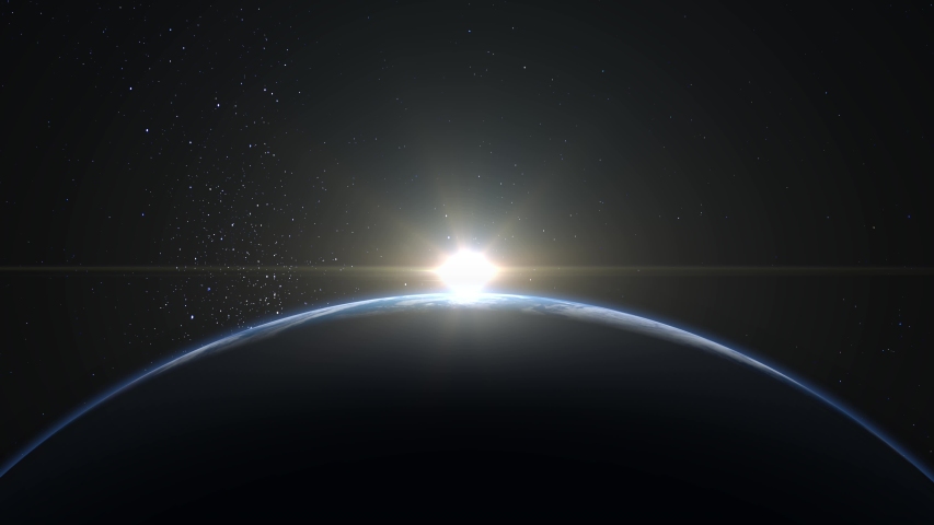 Sunrise over the Earth. View from space. The earth rotates towards the sun. The camera flies towards the Earth. Realistic atmosphere. Volumetric clouds. Starry sky. 4K. 3d rendering. Stars twinkle. Royalty-Free Stock Footage #1056983102