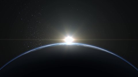 Sunrise over the Earth. View from space. The earth rotates towards the sun. The camera flies towards the Earth. Realistic atmosphere. Volumetric clouds. Starry sky. 4K. 3d rendering. Stars twinkle.
