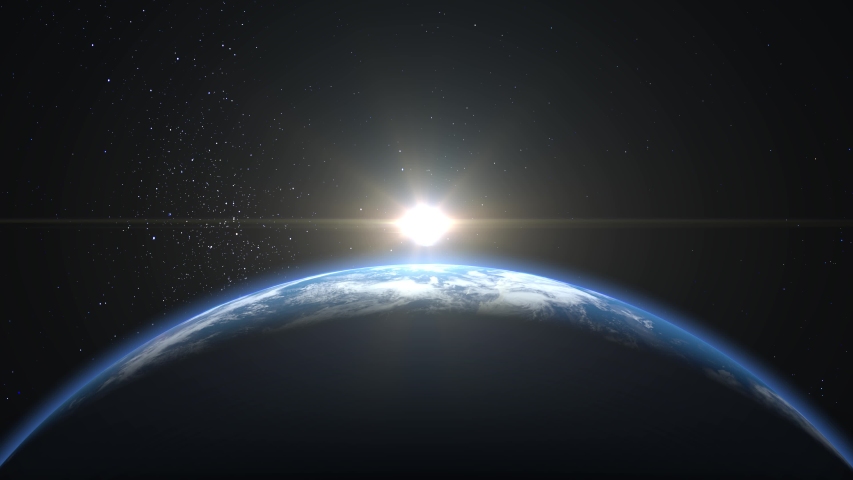 Sunrise from space. Sunrise over the Earth. The earth rotates towards the sun. Volumetric clouds. The still camera shoots at 36mm. Starry sky. 4K. 3d rendering. | Shutterstock HD Video #1056983105